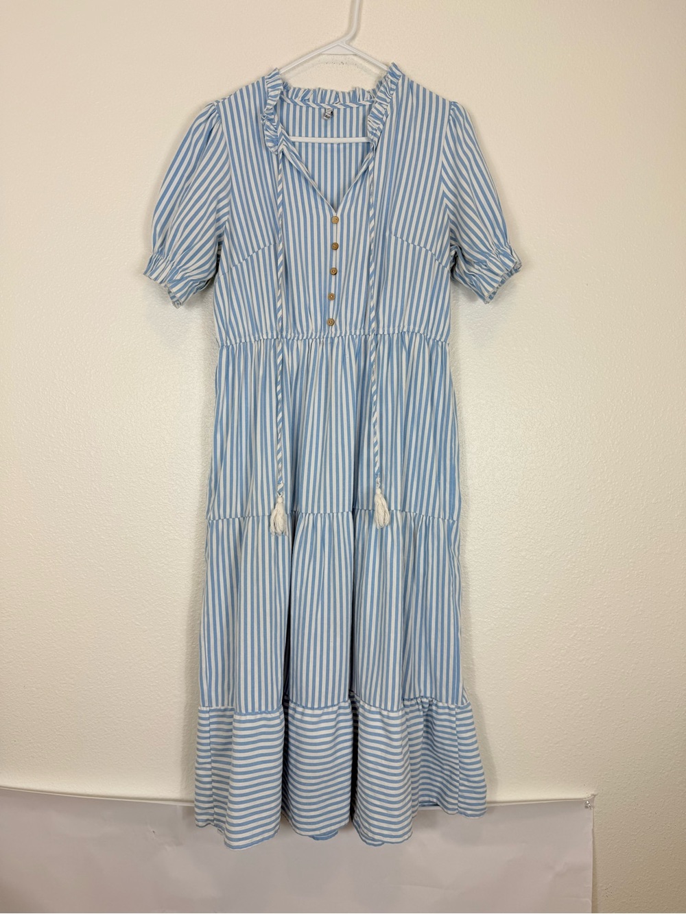 Blue & White Striped Maxi Dress Tiered Ruffle Short Sleeve XL